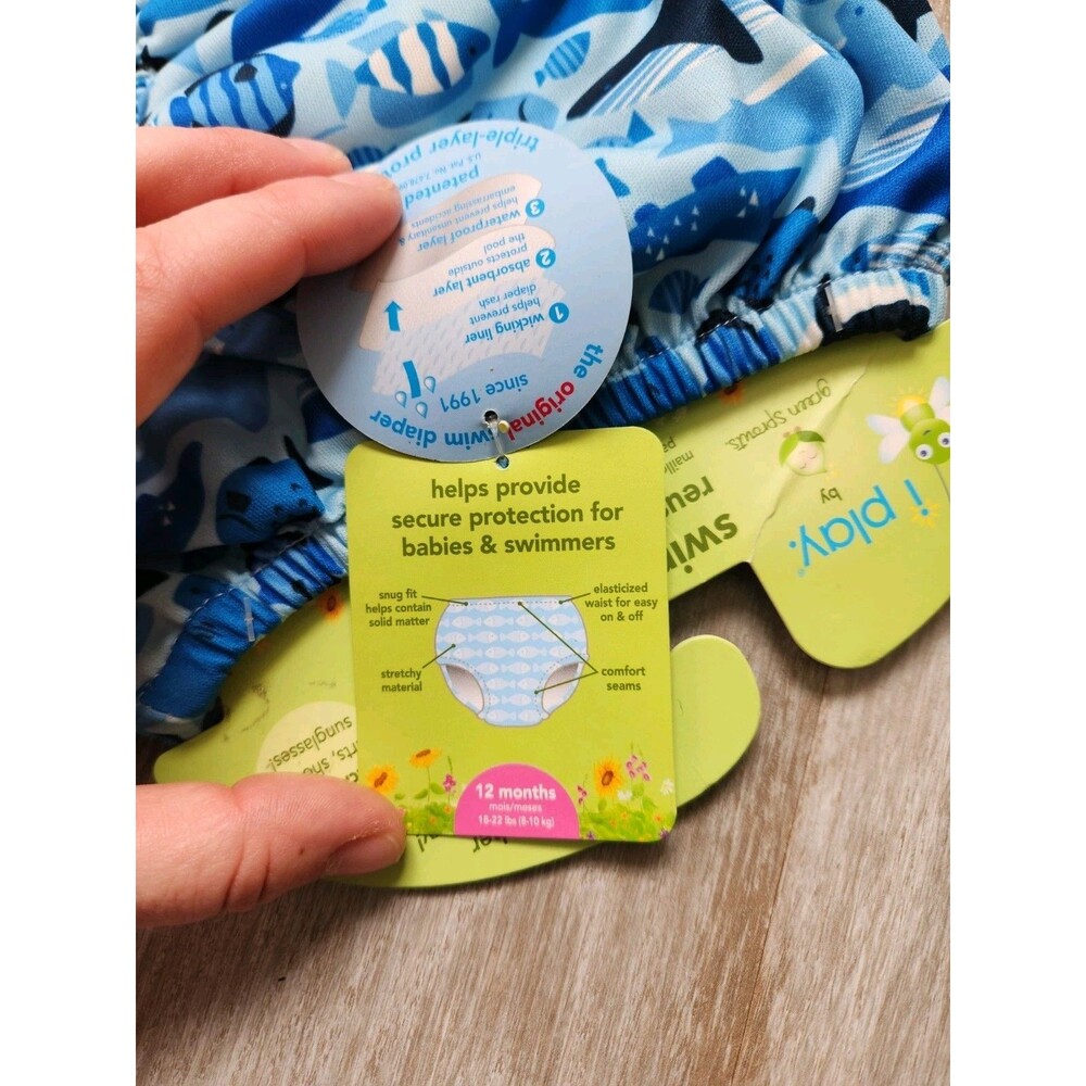 NWT i play iplay green sprouts Swim Swimsuit Diaper Reusable Blue Sharks 12M - Picture 4 of 10